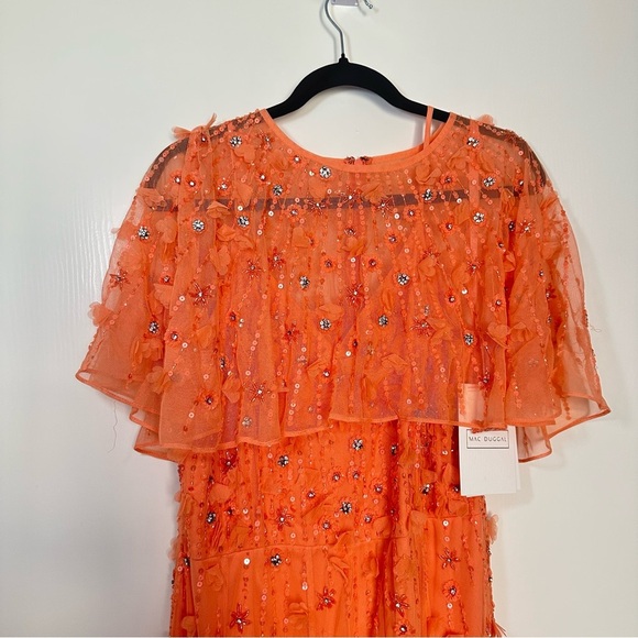 NEW Mac Duggal Beaded Floral Illusion Short Cape Sleeve Sheath Gown Coral 14 - Picture 7 of 9